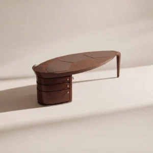 Curved Boat-Shaped Solid Wood Executive Desk in walnut — front view
