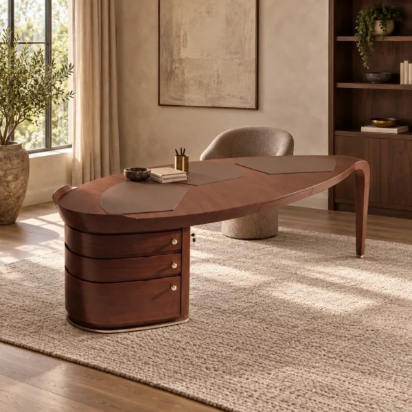Curved Boat-Shaped Solid Wood Executive Desk in walnut — in a room setting