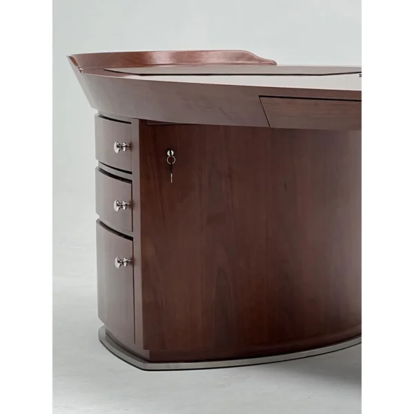 Curved Boat-Shaped Solid Wood Executive Desk in walnut — in a room setting