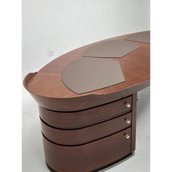 Curved Boat-Shaped Solid Wood Executive Desk in walnut — in a room setting