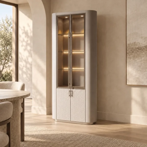 Leather Display Cabinet in sand — in a room setting