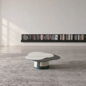 Cloud Travertine Coffee Table on Grey Sculpted Base in oatmeal — front view