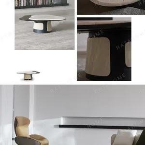 Cloud Travertine Coffee Table on Grey Sculpted Base in oatmeal — in a room setting