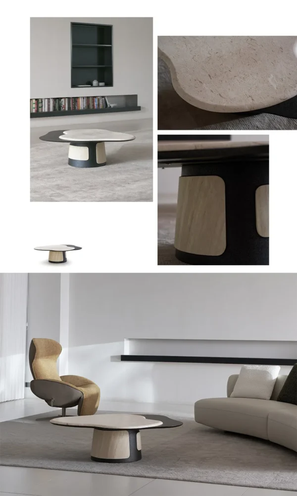 Cloud Travertine Coffee Table on Grey Sculpted Base in oatmeal — in a room setting