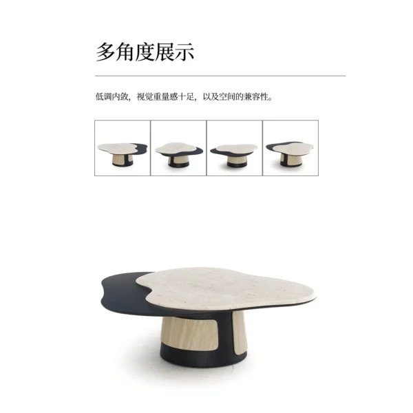 Cloud Travertine Coffee Table on Grey Sculpted Base in oatmeal — in a room setting