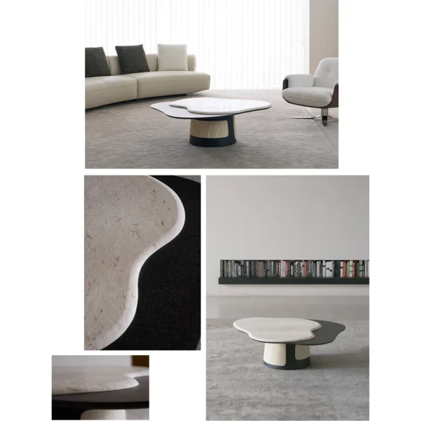 Cloud Travertine Coffee Table on Grey Sculpted Base in oatmeal — in a room setting