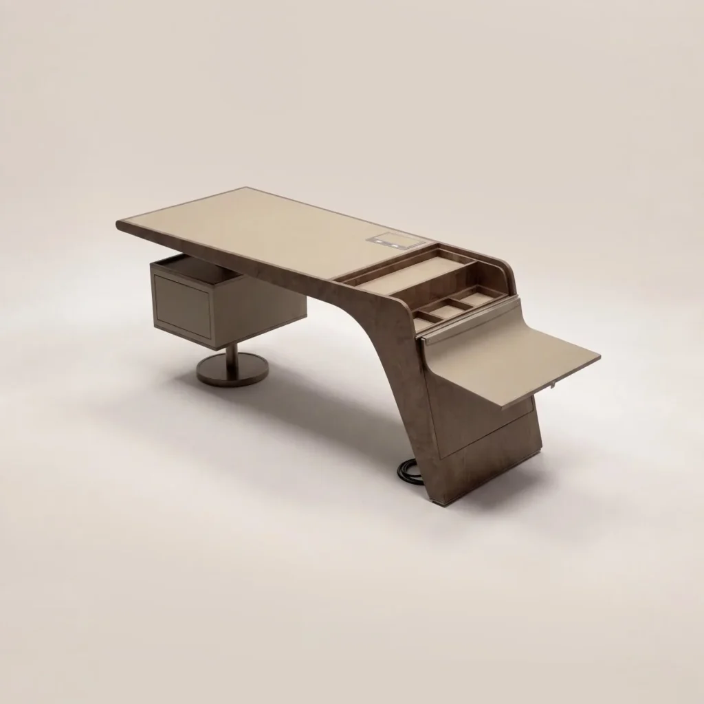 Curved Veneer Executive Desk in sand — front view