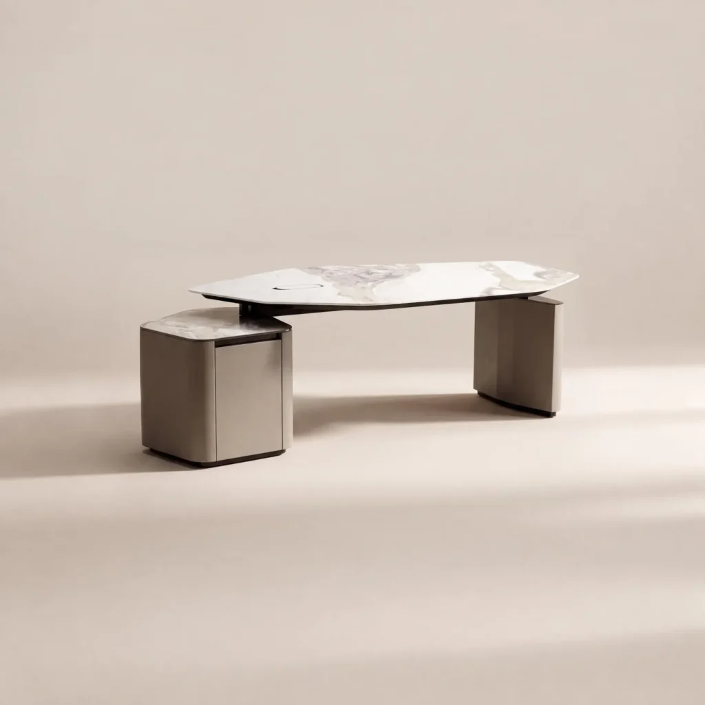 Irregular Stone-Top Executive Desk with Leather Pedestals in ivory — front view