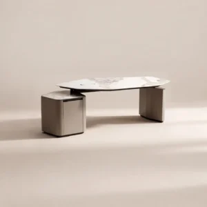 Irregular Stone-Top Executive Desk with Leather Pedestals in ivory — front view