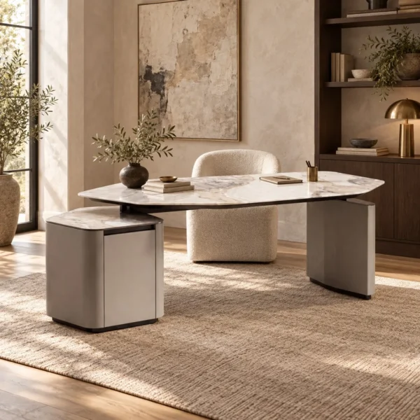 Irregular Stone-Top Executive Desk with Leather Pedestals in ivory — in a room setting