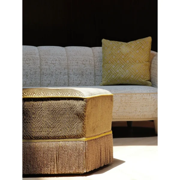 Curved Loveseat in Italian Jacquard with Mustard Fringed — in a room setting