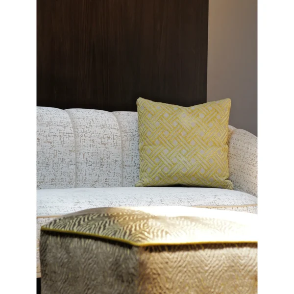 Curved Loveseat in Italian Jacquard with Mustard Fringed — in a room setting