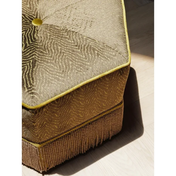 Curved Loveseat in Italian Jacquard with Mustard Fringed — in a room setting