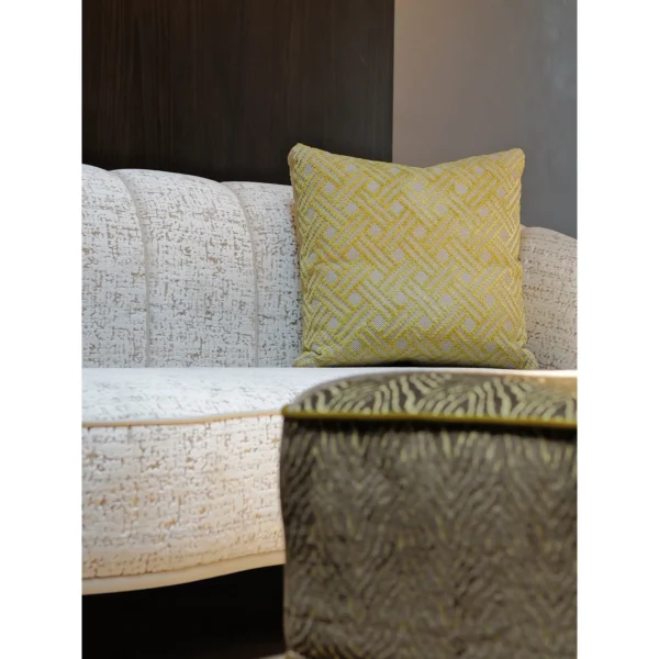 Curved Loveseat in Italian Jacquard with Mustard Fringed — in a room setting