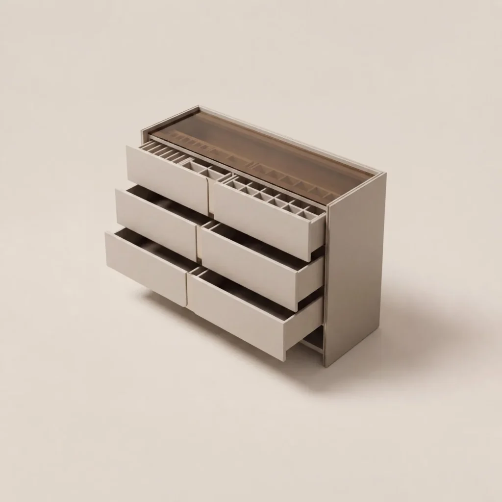 Italian Grey Leather Jewellery Chest with Smoked Glass Top in slate — front view