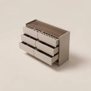 Italian Grey Leather Jewellery Chest with Smoked Glass Top in slate — front view