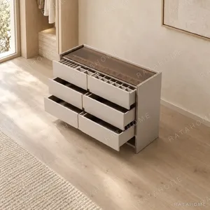 Italian Grey Leather Jewellery Chest with Smoked Glass Top in slate — in a room setting