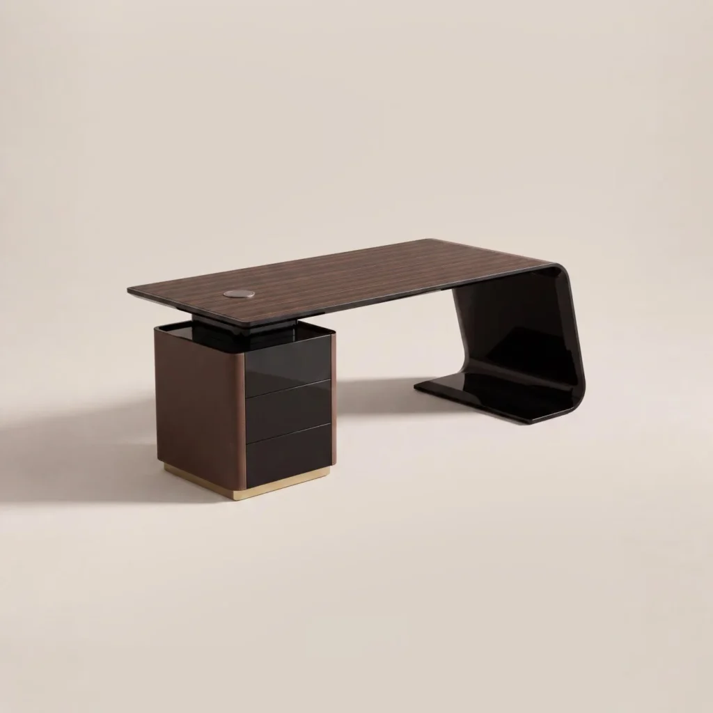 High-Gloss Lacquered Curved Executive Desk in clay — front view