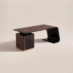 High-Gloss Lacquered Curved Executive Desk in clay — front view