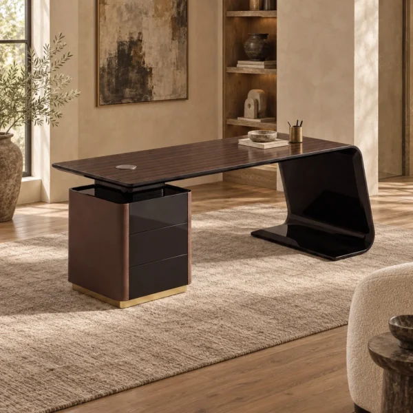 High-Gloss Lacquered Curved Executive Desk in clay — in a room setting