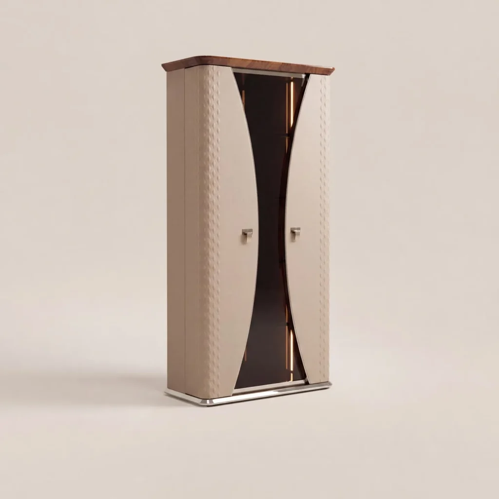 Italian Leather Curved Glass Display Cabinet in glass — front view