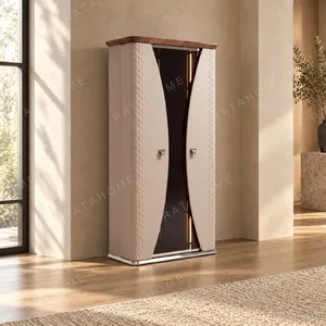 Leather-Wrapped Display Cabinet in sand — in a room setting