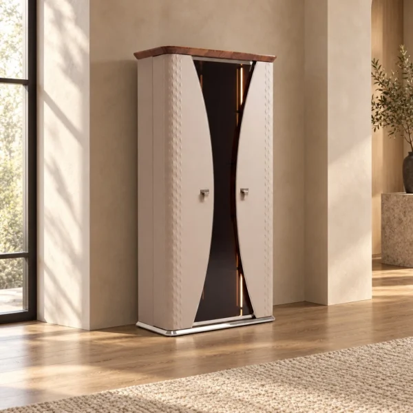 Leather-Wrapped Display Cabinet in sand — in a room setting