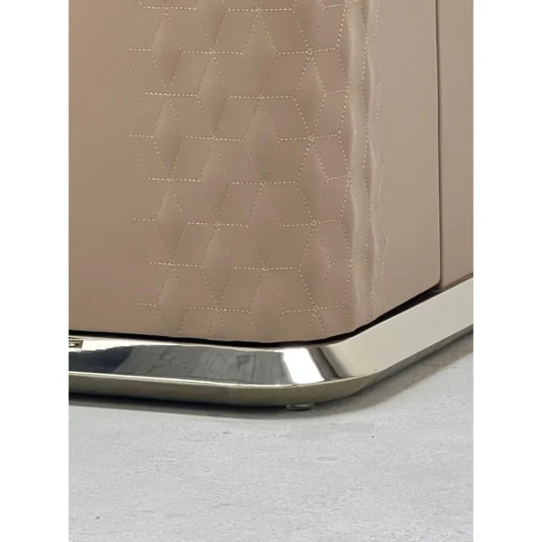 Leather-Wrapped Display Cabinet in sand — in a room setting