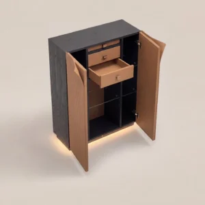 Italian Leather Double Door Wine Cabinet in wood veneer — front view