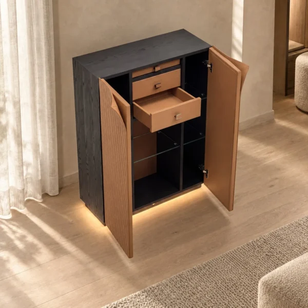 Caramel Leather Wave-Quilted Tall Wine Cabinet in clay — in a room setting