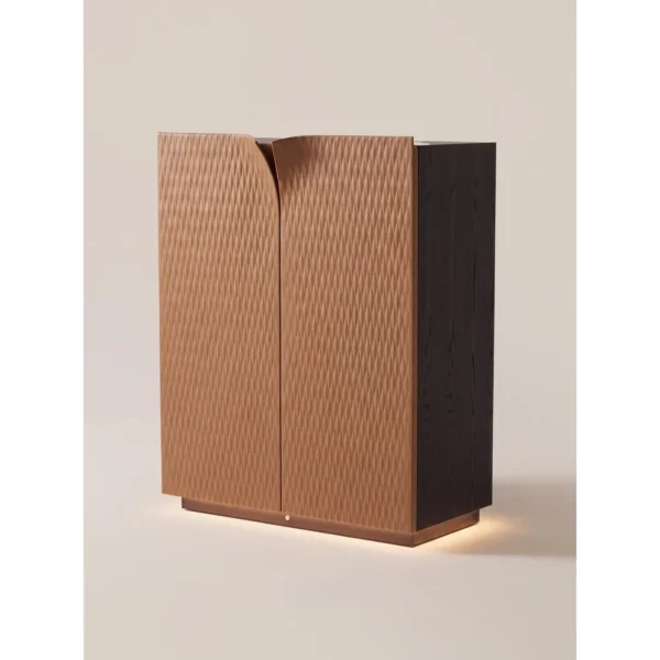 Caramel Leather Wave-Quilted Tall Wine Cabinet in clay — in a room setting
