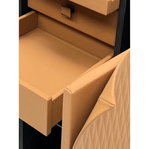 Caramel Leather Wave-Quilted Tall Wine Cabinet in clay — in a room setting
