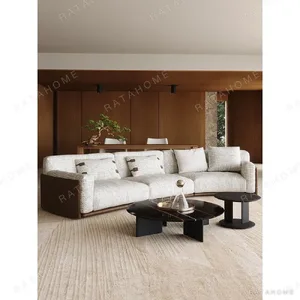 Italian Leather and Linen Sofa with Check-Textured Seats in oatmeal — in a room setting