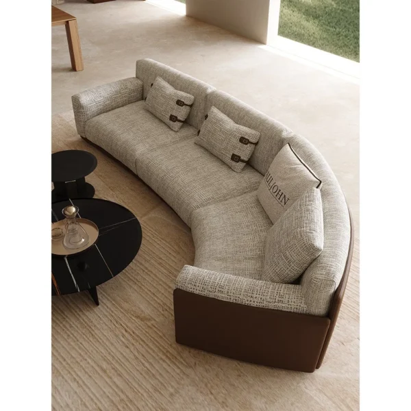 Italian Leather and Linen Sofa with Check-Textured Seats in oatmeal — in a room setting