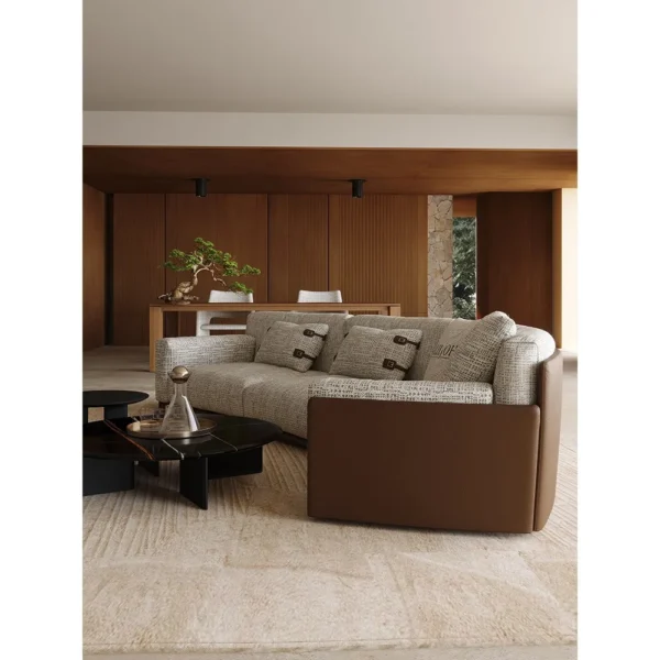 Italian Leather and Linen Sofa with Check-Textured Seats in oatmeal — in a room setting