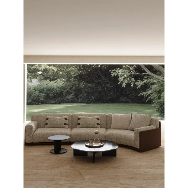 Italian Leather and Linen Sofa with Check-Textured Seats in oatmeal — in a room setting