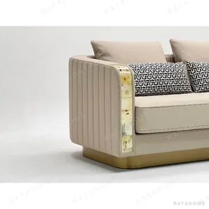Italian Luxury Sofa in Apricot Leather with Crystal Arms — in a room setting