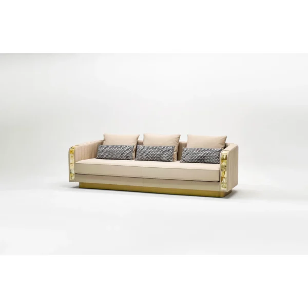 Italian Luxury Sofa in Apricot Leather with Crystal Arms — in a room setting