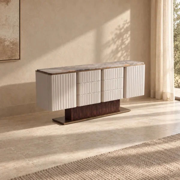 Italian Ribbed Sideboard with Stone Top and Walnut Slat Base in oatmeal — in a room setting