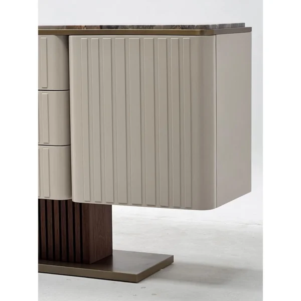Italian Ribbed Sideboard with Stone Top and Walnut Slat Base in oatmeal — in a room setting