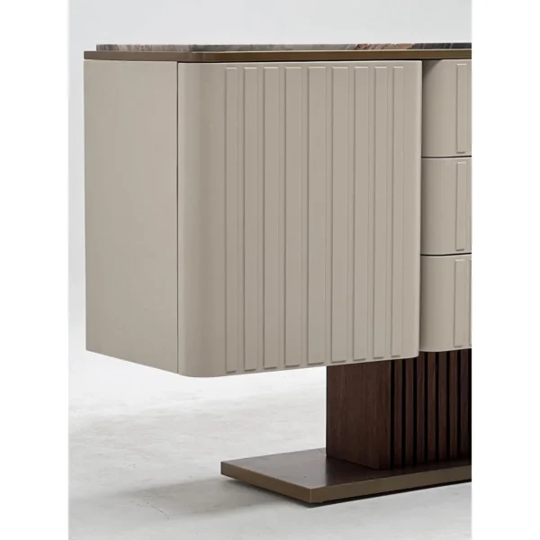 Italian Ribbed Sideboard with Stone Top and Walnut Slat Base in oatmeal — in a room setting