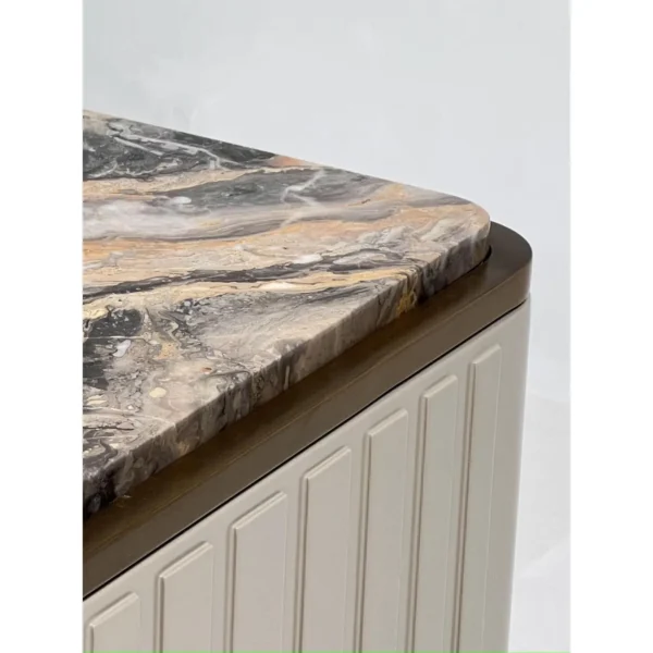 Italian Ribbed Sideboard with Stone Top and Walnut Slat Base in oatmeal — in a room setting