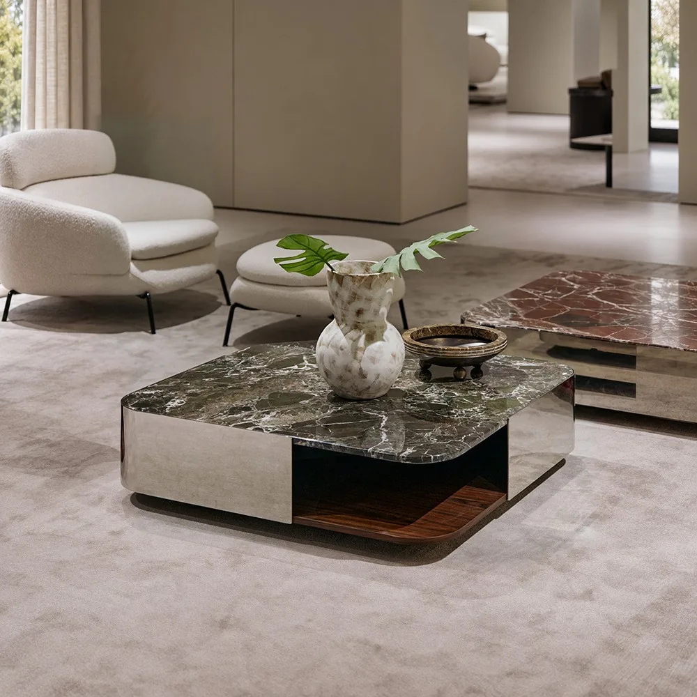 Green Marble Coffee Table with Steel Frame and Wood Storage in olive — front view