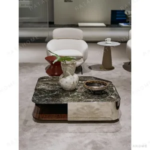 Green Marble Coffee Table with Steel Frame and Wood Storage in olive — in a room setting