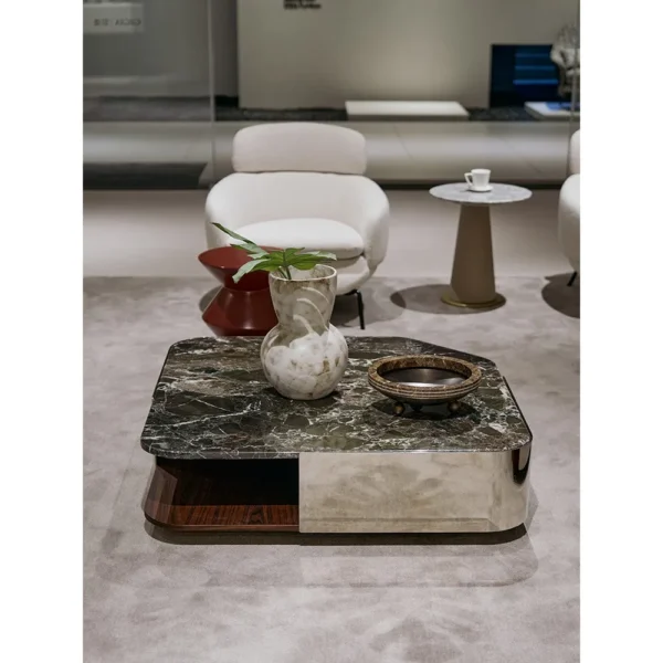 Green Marble Coffee Table with Steel Frame and Wood Storage in olive — in a room setting