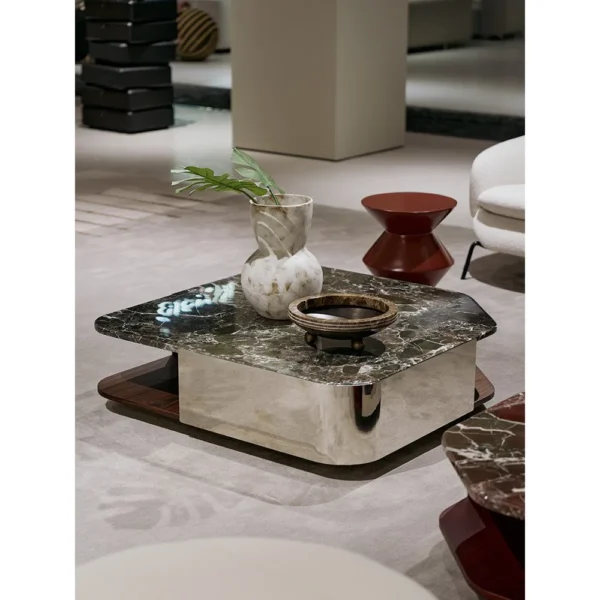Green Marble Coffee Table with Steel Frame and Wood Storage in olive — in a room setting