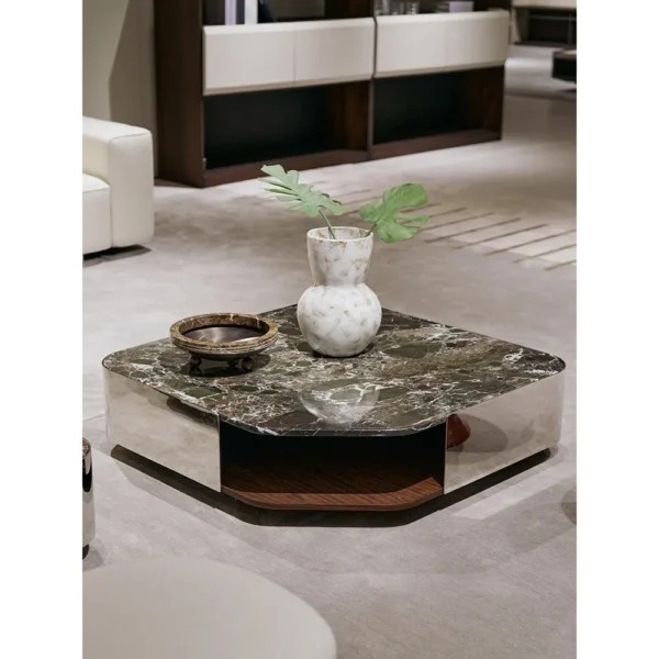 Green Marble Coffee Table with Steel Frame and Wood Storage in olive — in a room setting