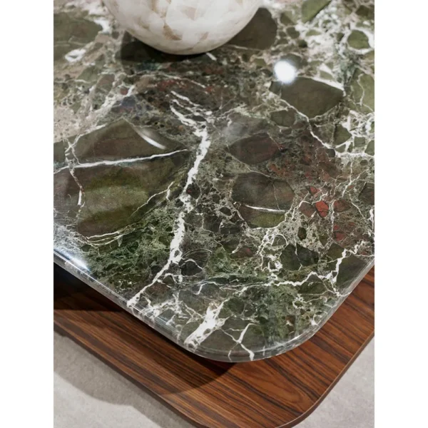 Green Marble Coffee Table with Steel Frame and Wood Storage in olive — in a room setting