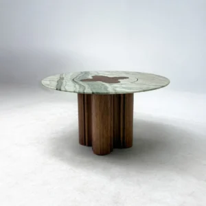 Green Stone Round Dining Table on Bent-Wood Wave Base in olive — front view