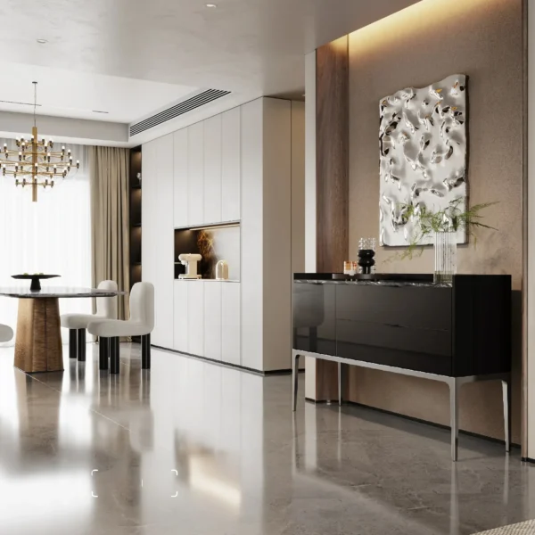 Italian Minimalist Entryway Cabinet in Black Gloss, 150 cm — in a room setting
